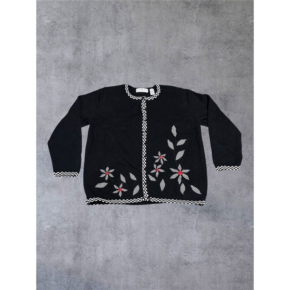 Classics Marisa Christina Cardigan Womens M Black Floral Checkered Trim EUC